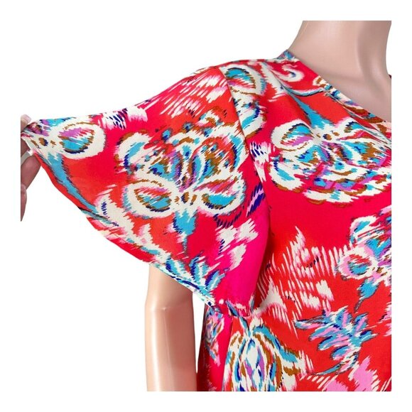 W5 Women Bright Red Floral Print Top Blouse SZ L  Flared Short Sleeve Pullover - Picture 8 of 11